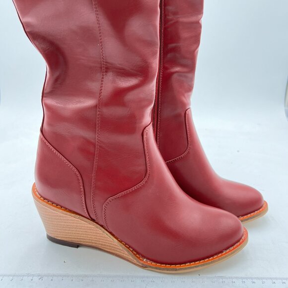 FSJ Red Side Zipper Wedge High Heel Point Toe Fancy Pull On Ladies Boot - Picture 4 of 8